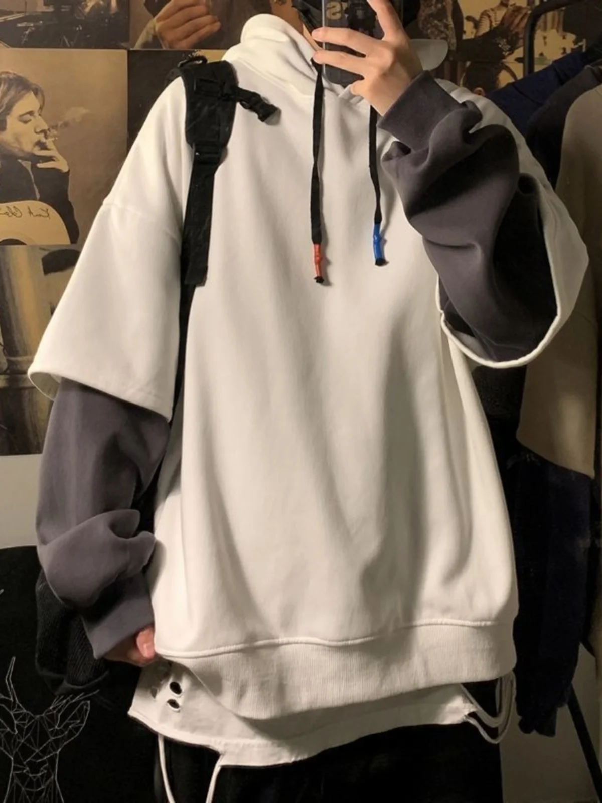 

Trendy Fake Two-Piece Hoodie Men's Fashion Loose Thick Long Sleeve Autumn Winter Korean Style Student Coat for Youth