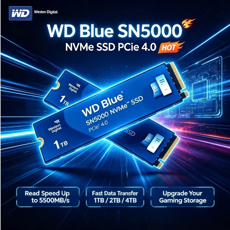 SSD de Alta Velocidade WD Blue SN5000 M.2 NVMe PCIe4.0 1TB 2TB Western Digital 2280 Unidade de Estado Sólido Interna para Jogos em Desktop e Laptop.