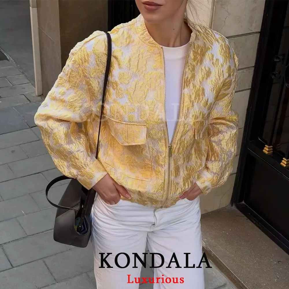 KONDALA High Street Casual Chic Women Yellow Bomber Jacket Zipper Pockets Long Sleeve Jacket Fashion 2026 Spring Summer Jacket