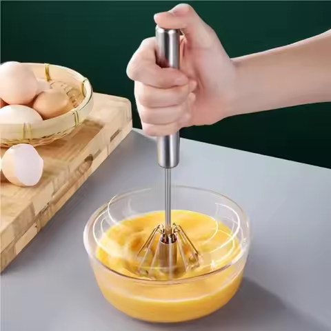 Kitchen Stainless Steel Whisk Creamer Semi-automatic Rotary Whisk Beech Wood Vase Handle Hand Mixer