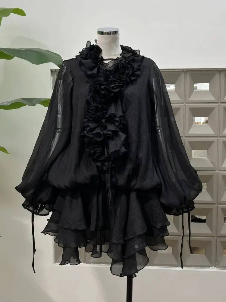 Nowe Modne Luźne Sukienki Wakacyjne z Kwiatami 3D dla Kobiet, Długi Rękaw, Patchwork, Falbany, Marszczenia