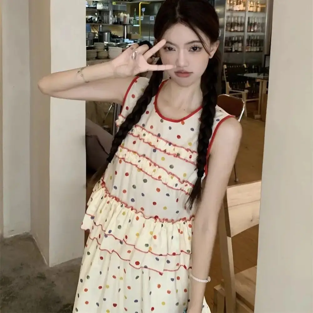 French Sweet Style Two-Piece Set Ruffled Polka Dot Vest Top Long High-Waisted A-Line Skirt Women Niche Design Set