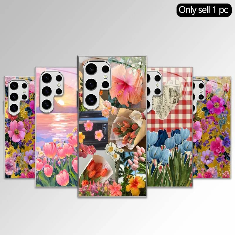 Floral Oil Painting Pattern 2D Phone Case for Samsung S26 S25 S24 S23 S22 S21 S20 A56 A55 Electroplated Glass Protective Cover