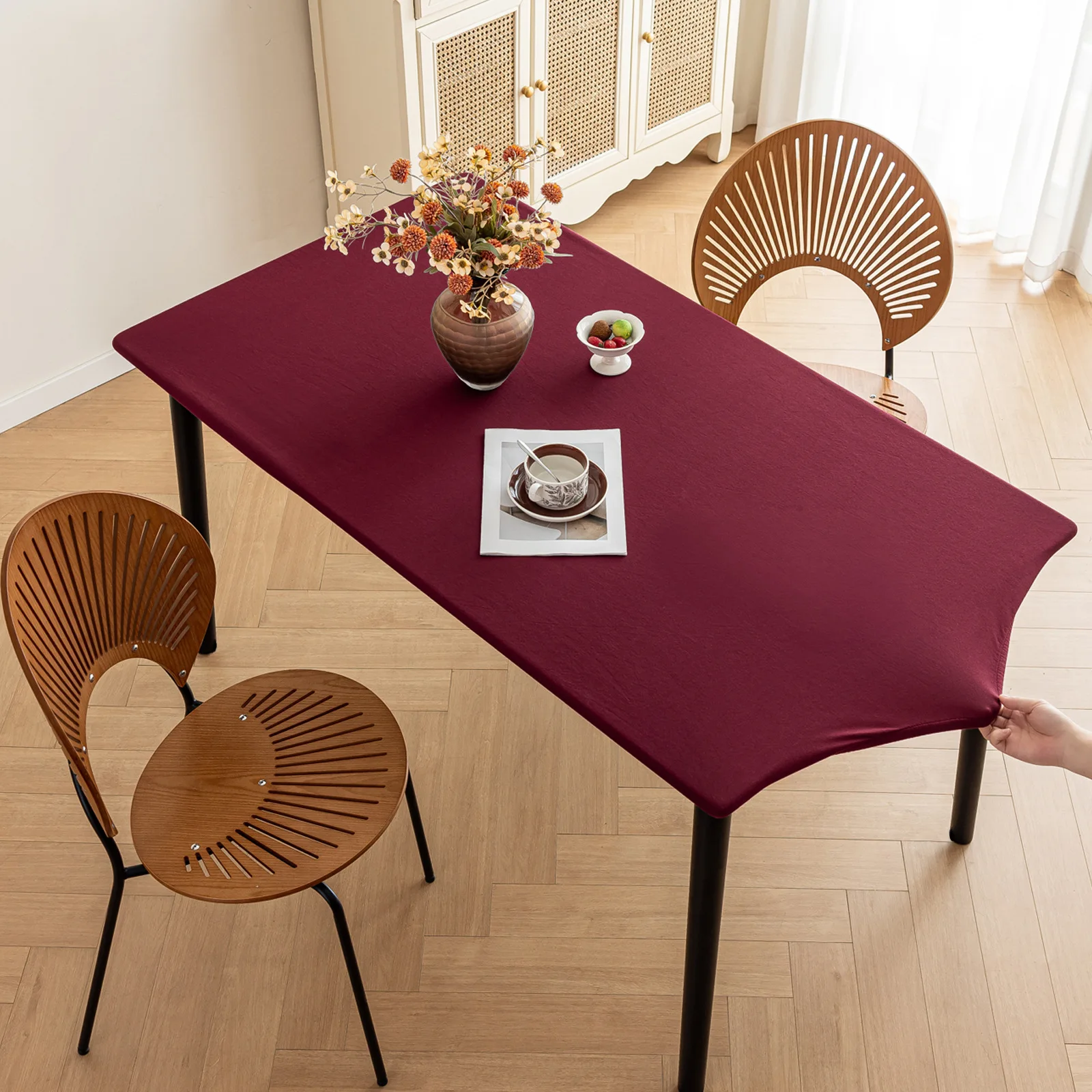 

Solid Color Elastic Tablecloth With TPU Film Waterproof Table Cover Dinning Table Cloth Protector Desk Mat For Students