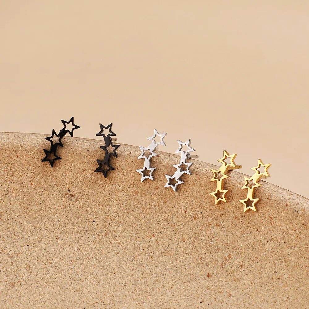 2024 The new fashion stainless steel hollow 3 with five pointed star earrings product temperament all match birthday anniversary