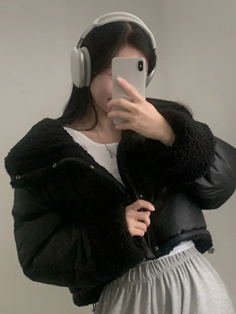 Stand Collar Drawstring Parkas Thicked Outerwears Lambswool Ropa Mujer 2024 Woman Casaco Autumn Winter Single Breasted Jacket