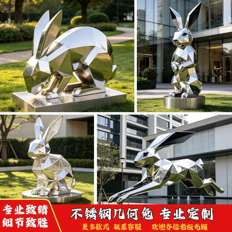 stainless steel geometric rabbit sculpture ornaments for scenic area sculpture parks and courtyard decorations can be customized