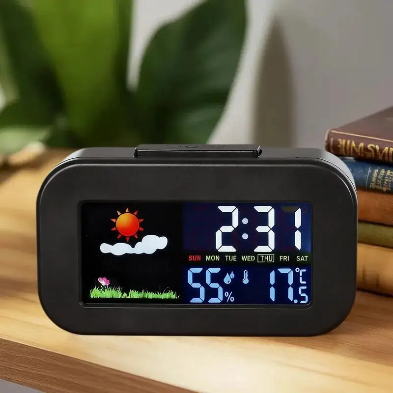 Intelligent Weather Station Clock With Color Display - Temp & Humidity Monitor Backlit For Kids & Teens Bedroom/Dorm Desk