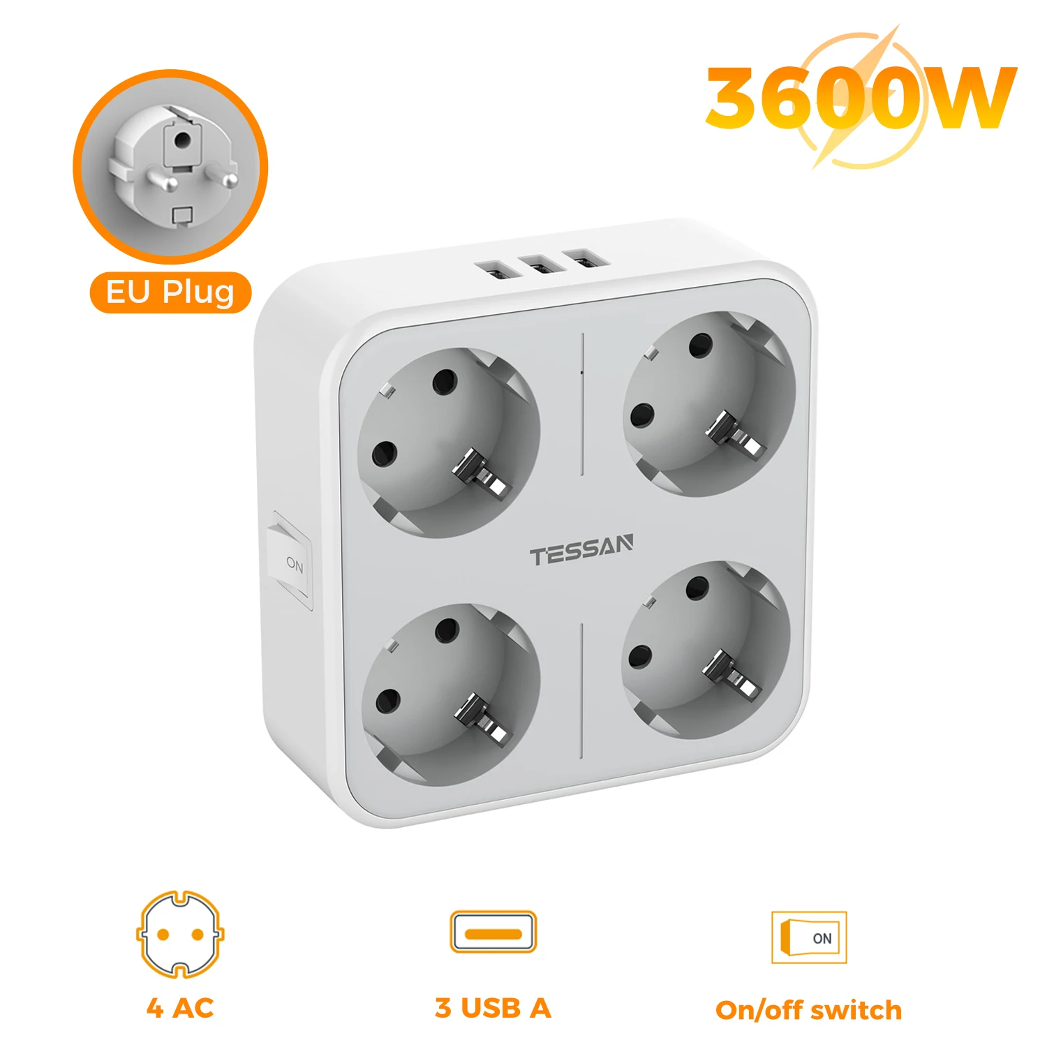 TESSAN Mehrfachsteckdosenleiste mit 4 AC-Steckdosen & 3 USB-Anschlüssen 7-in-1 Adapter mit Überlastschutz für Zuhause und Büro