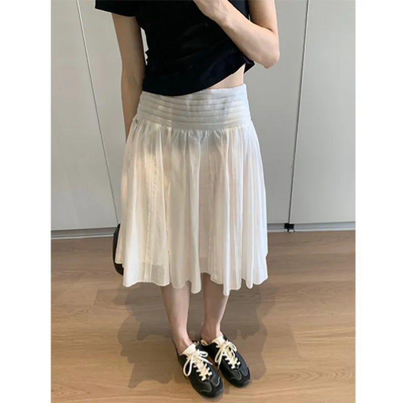 New High Quality Summer Sweet Skirt Women Fashion Pleated Draped High Waist A-line Knee Length Casual Skirt White Jupe