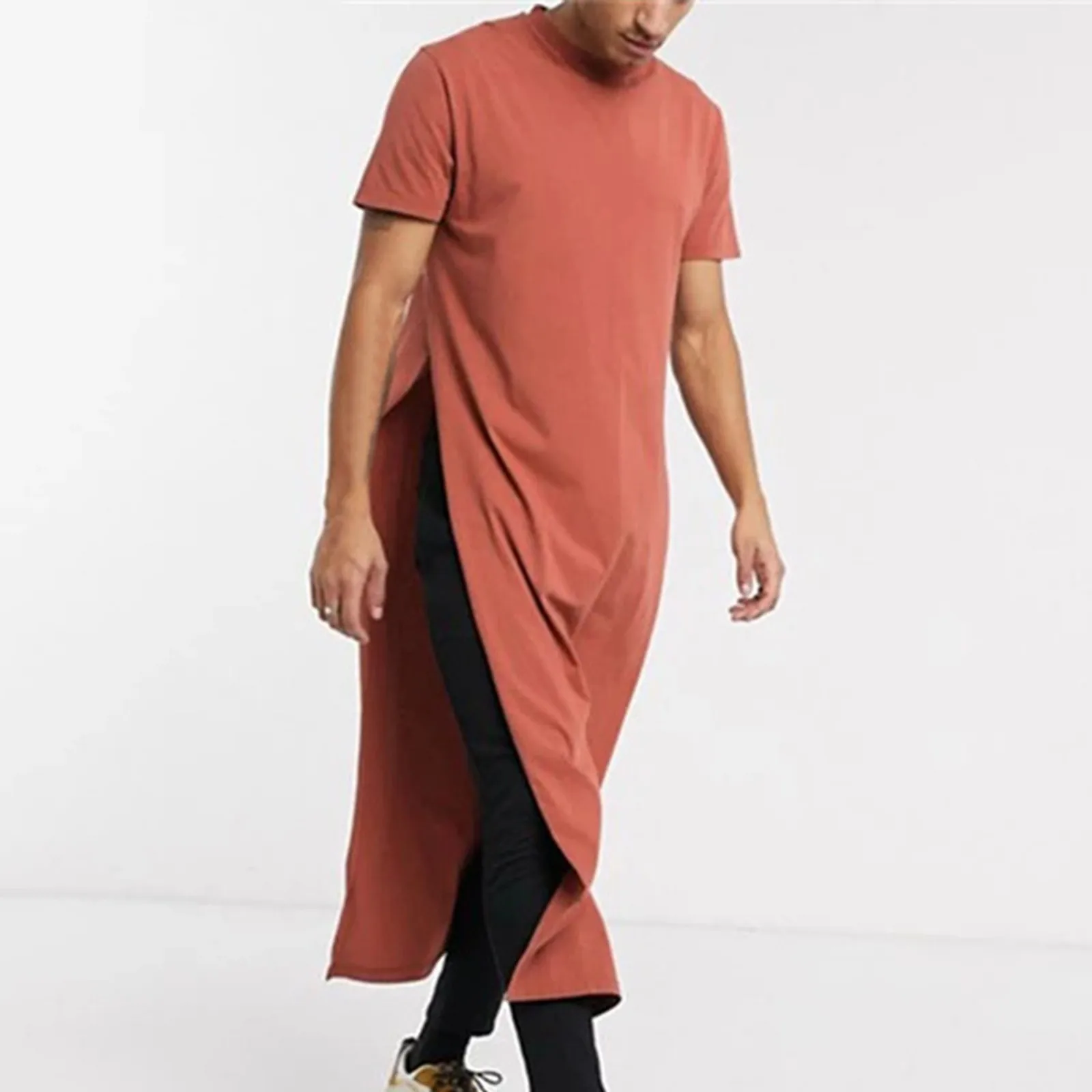 

Men Robes Kaftan Muslim Arab Islamic O-neck Short Sleeve Solid CottonThobe Vintage Loungewear Plus Size Arabia Man abaya