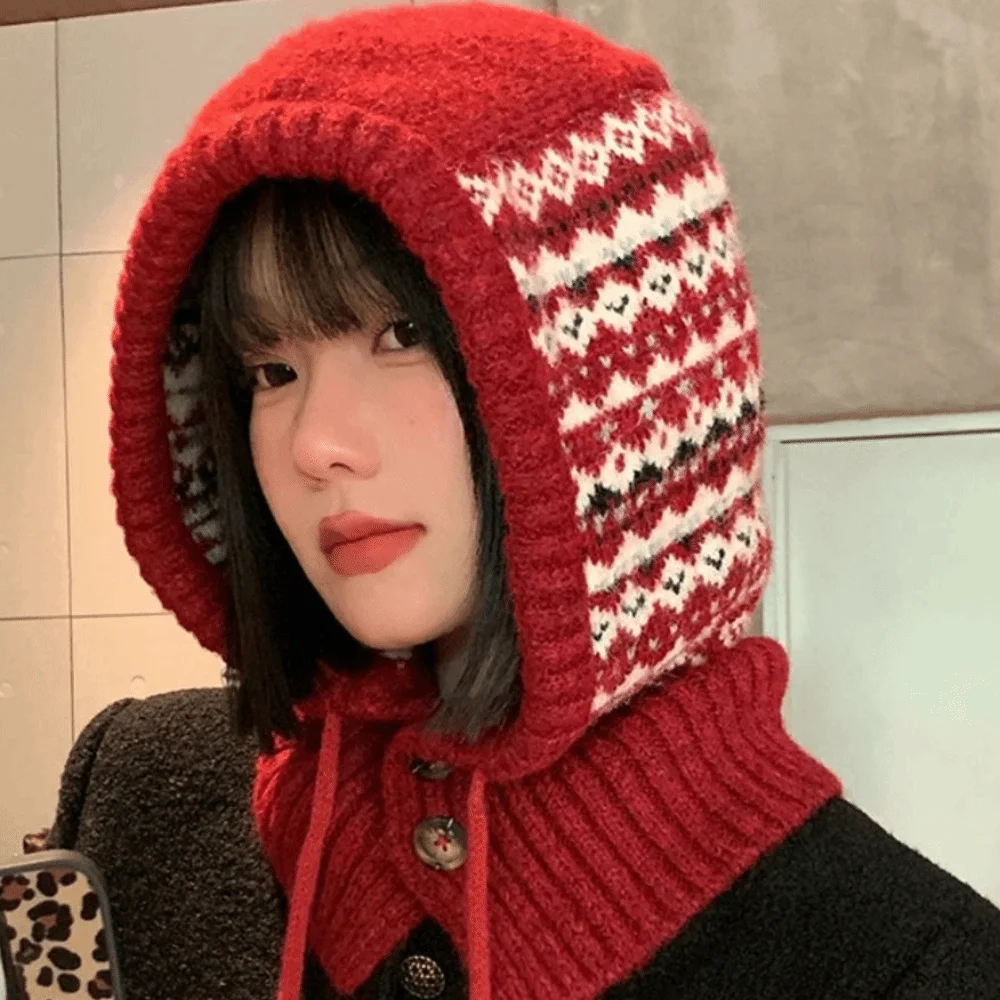 

Fashion Pullover Hat Jacquard Balaclava Hat Printed Red Fair Isle Style Knitted Hat Beanie Thickened Winter Cap Winter/Autumn