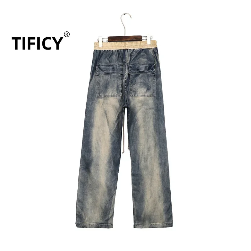 High Street Denim Pants Elastic Waist Men's Dark Runway Straight Leg RO Washed Denim Jeans for Loose Fit Jean Pant