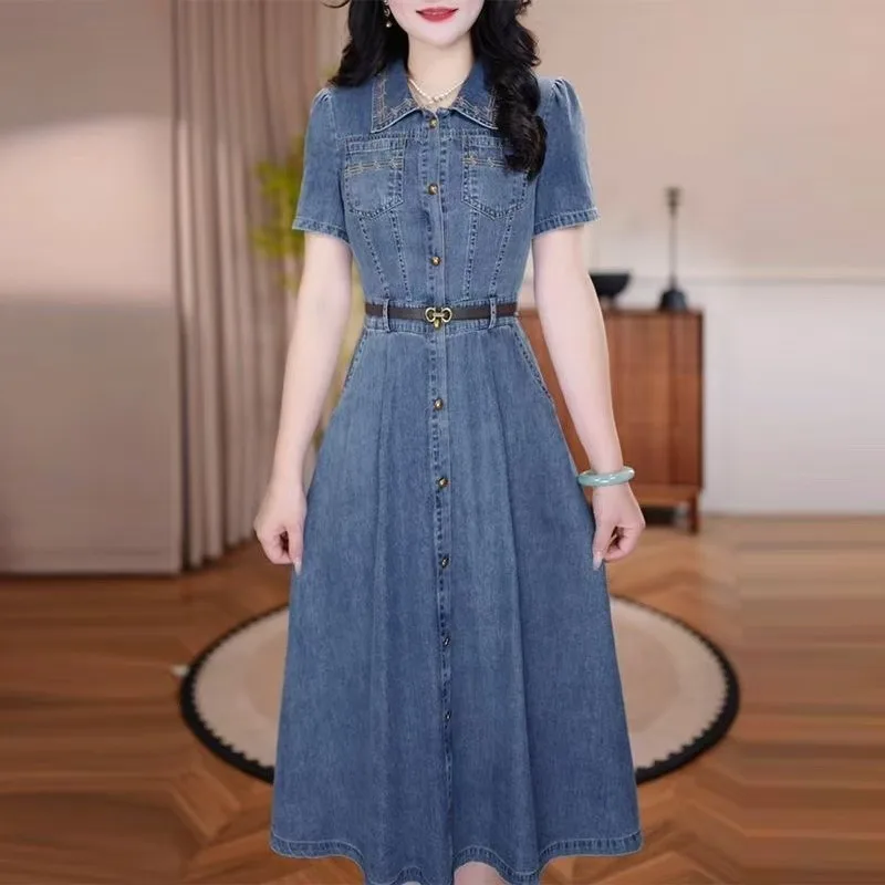 plus Size Elegant Korean Style Midi Shirt Dress Casual Summer Fashion Dress for plus Size Women A-Line Skirt Short Sleeve