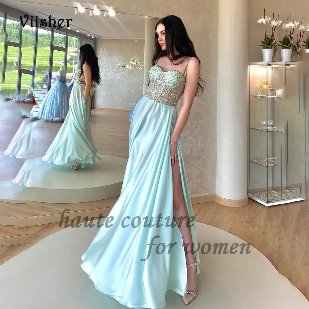 

Viisher Aqua Satin A Line Prom Dresses with Slit Sequins Beads Sweetheart Evening Party Dress Fairy Long Formal Gowns