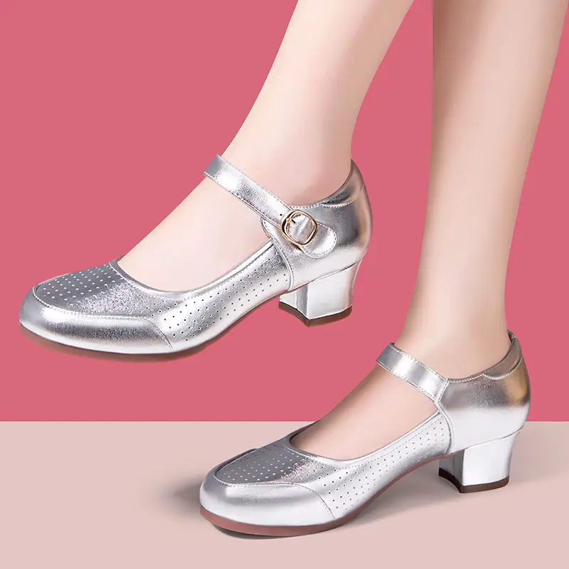 4cm Breathable Comfortable Shallow Mouth Soft Leather Mary Janes Platform Shoes 2026 Spring Med Block Heels Dance Work Shoes Mom