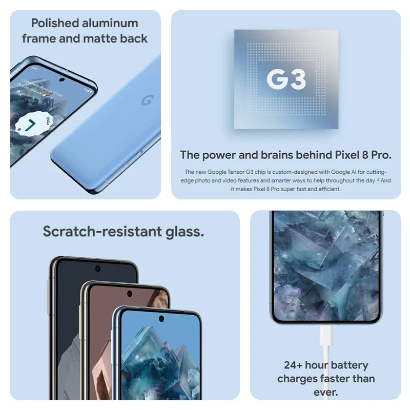كاميرا رئيسية Google Pixel 8 Pro النسخة العالمية 5G ، Google Tensor G3 ، Google HZ ، شاشة OLED ، 50 ميجابكسل ، بطارية 50 ميجابكسل ، IP68 ،