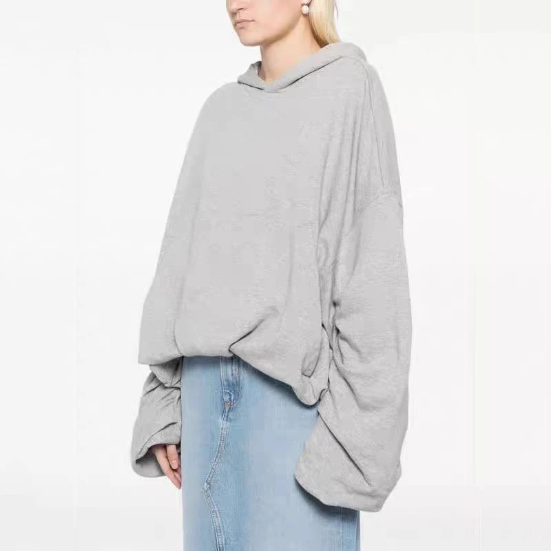 Women's Pleated Loose Sweatshirt, Fashion Casual Hoodie, Gray Long Sleeve Pullover, High Quality Cotton Top, Fall, New, 2024, y2