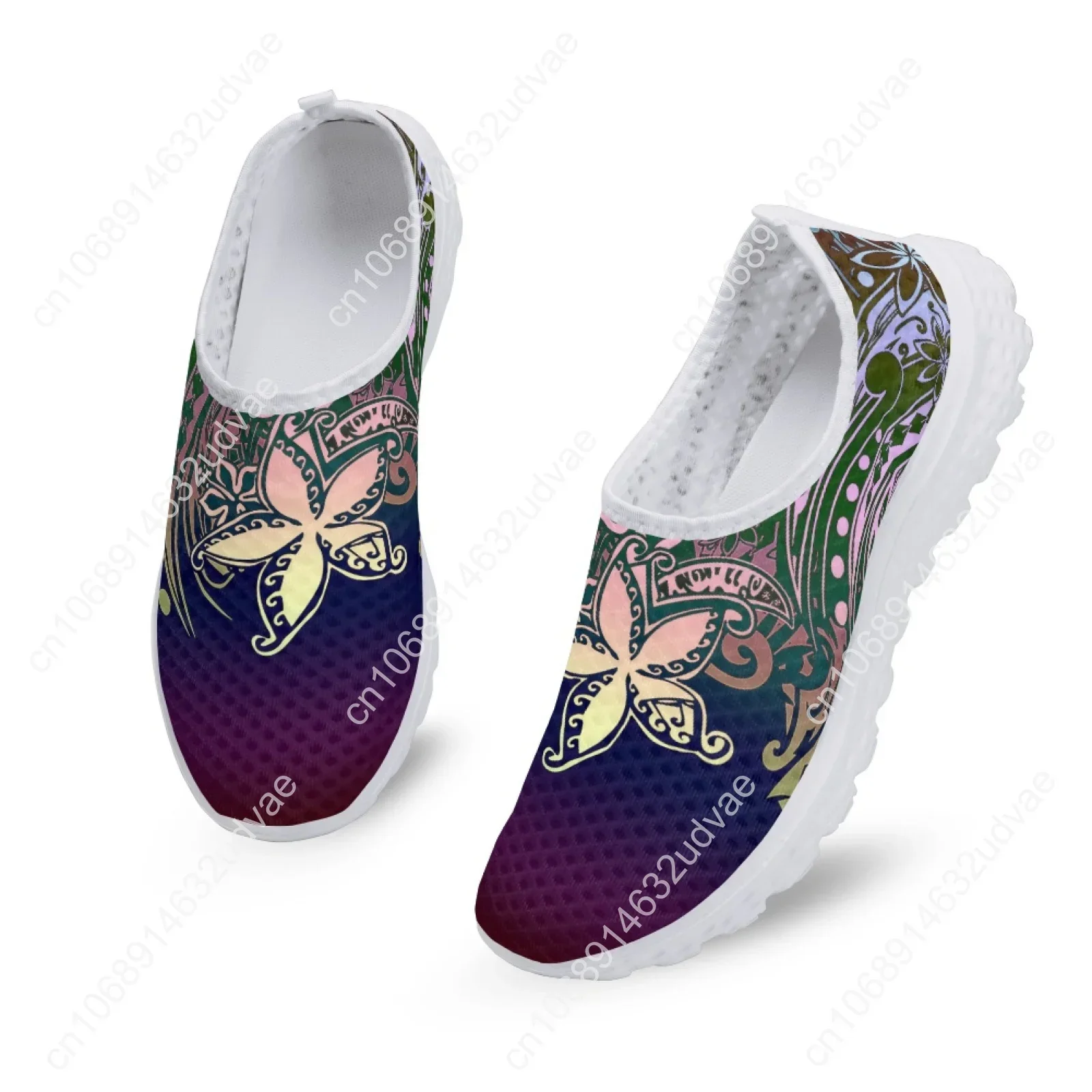 Mocassins de malha casuais femininos, estampados de flores de pluméria tribal polinésia, tênis slip-on leves, verão fresco