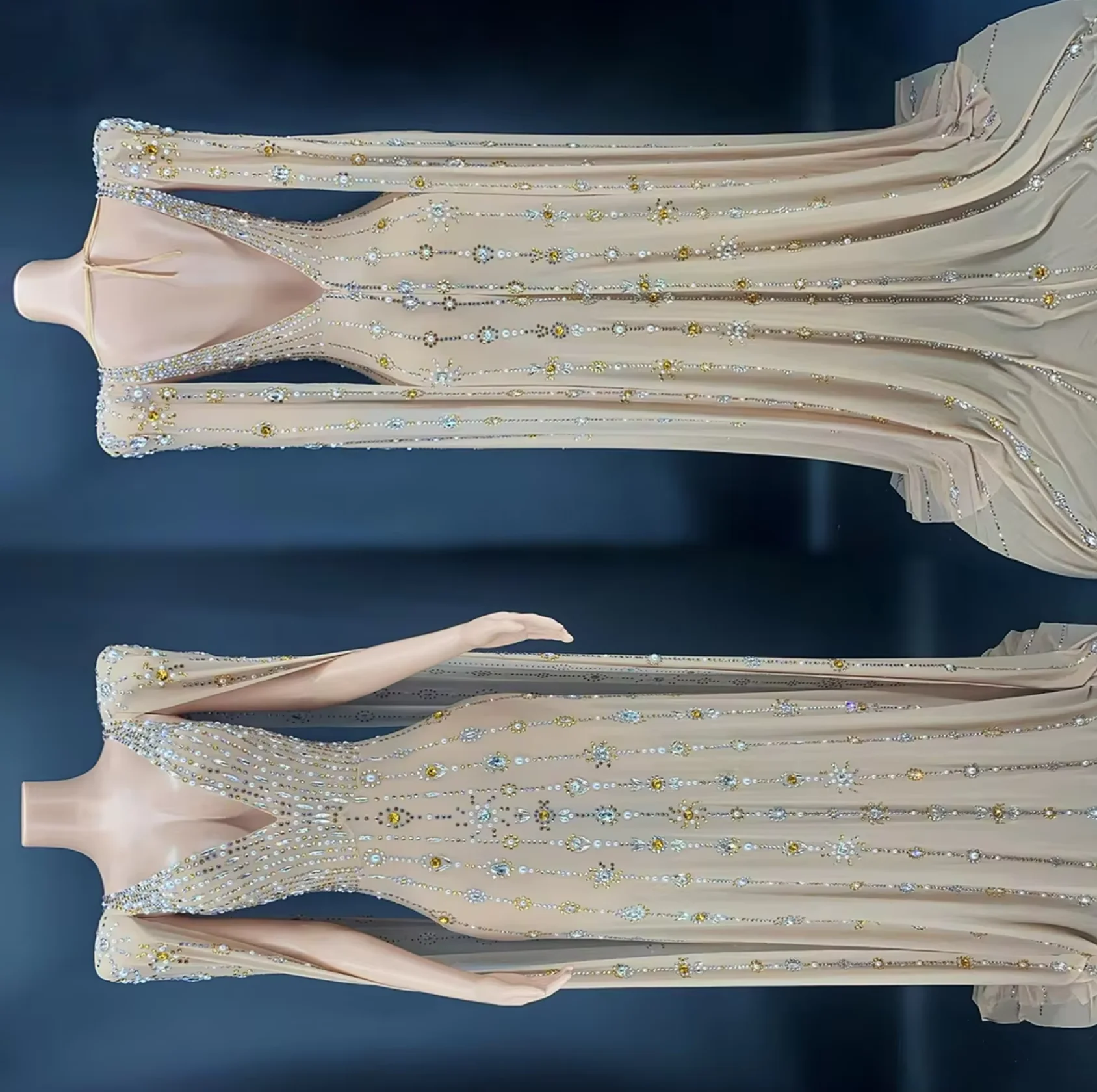 

Вечернее платье для дня рождения, свадьбы, танцевального выступления, блестящее платье цвета шампанского с большими кристаллами, прозрачное длинное платье со шлейфом, наряд