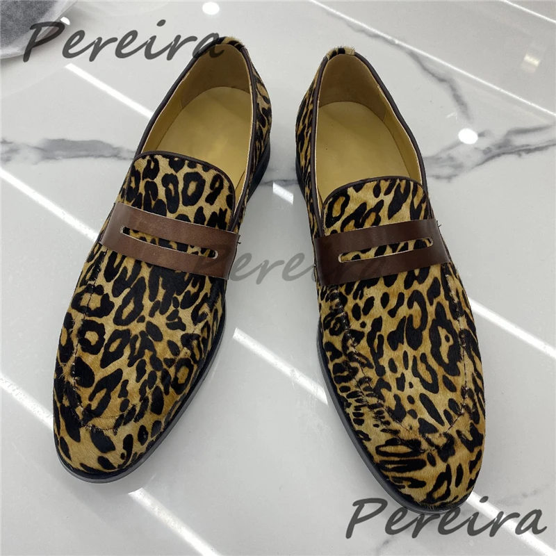 Horsehair Leopard Print Men's Loafers Handmade Pointed Toe Low Heel Business Casual Shoes Summer Fashion Party Formal Shoes