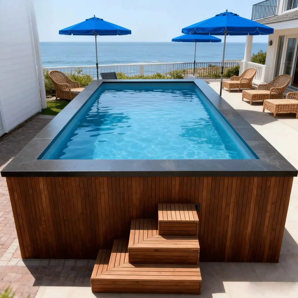 Custom Wooden Terrace Composite Frame Aboveground Pool, Container Pool with Deck, Retractable Pool Deck with Deck