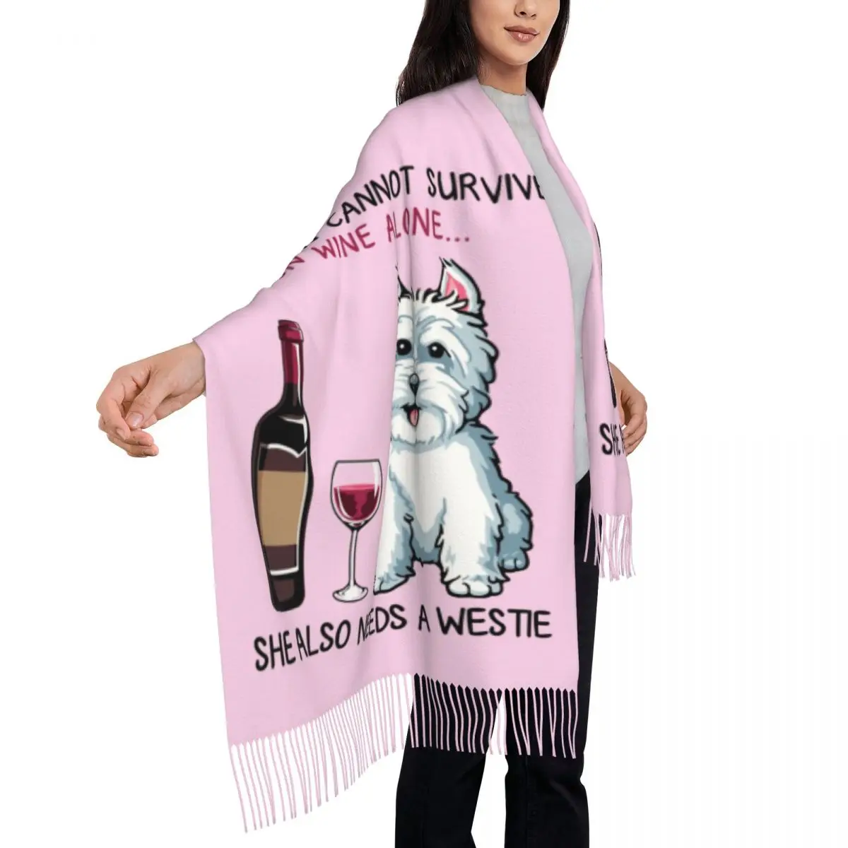 Personalizado westie e vinho engraçado cão dos desenhos animados borla cachecol feminino macio west highland branco terrier xale envoltório senhora inverno outono cachecóis