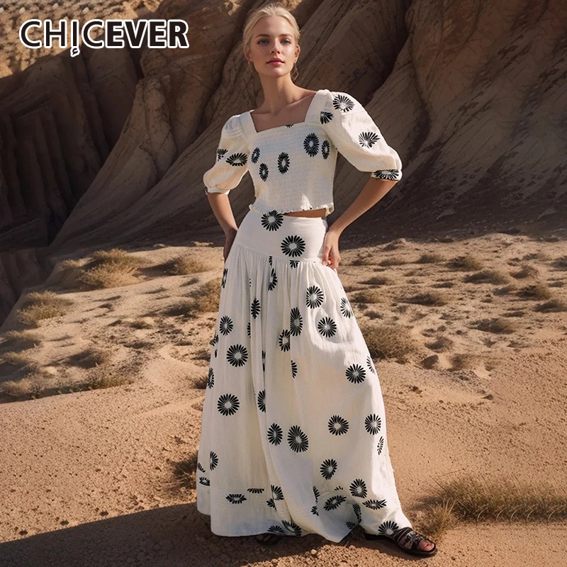 

CHICEVER Hit Color Printing Two Piece Set For Women Square Collar Puff Sleeve Tops High Waist Skirts Casual Sets Female Clothing