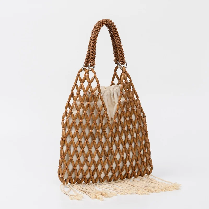 Women Woven Hand Bag Summer Design Hollow-out Wooden Bead Tote Bucket Shoulder Bag Female Reticulate Netted Canvas Beach Handbag