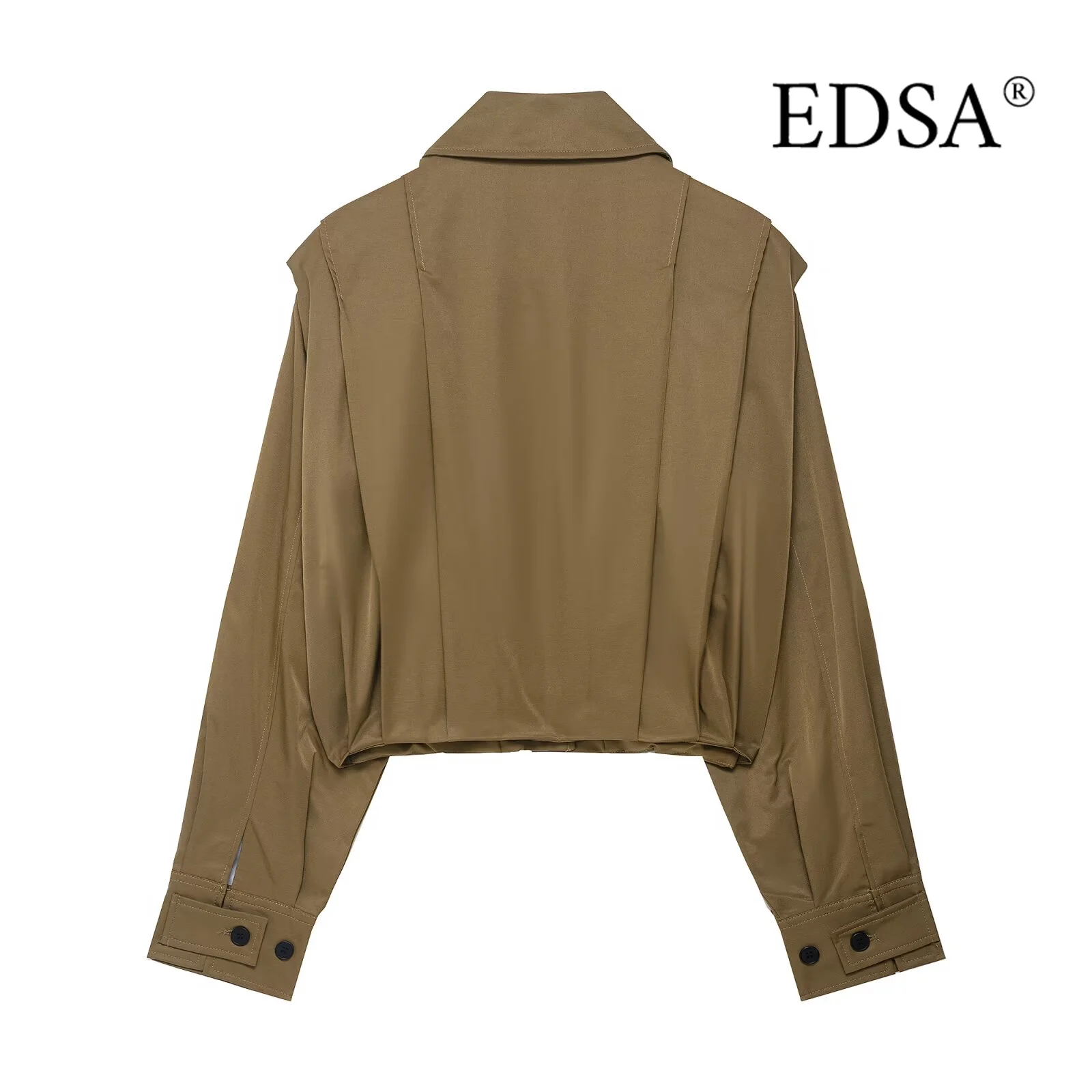 EDSA Women Pleated Jacket with Shoulder Pads Long SLeeves Turn-down Collar Single Breasted Spring Autumn Female Coat Outerwear