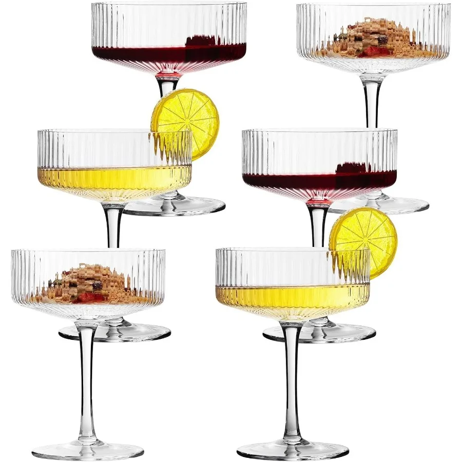 

6 Pcs Ribbed Coupe Cocktail Glasses 10 oz Classic Old Styling Martini Glass Set with Gift Box Packaging Elegant Hand Blown Manh