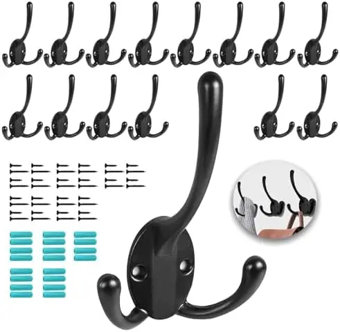 

Wall Mounted Coat Hooks 15-Pack Heavy Duty Black Robe Hooks for Kitchen, Bath, Classroom, Towels, Hats