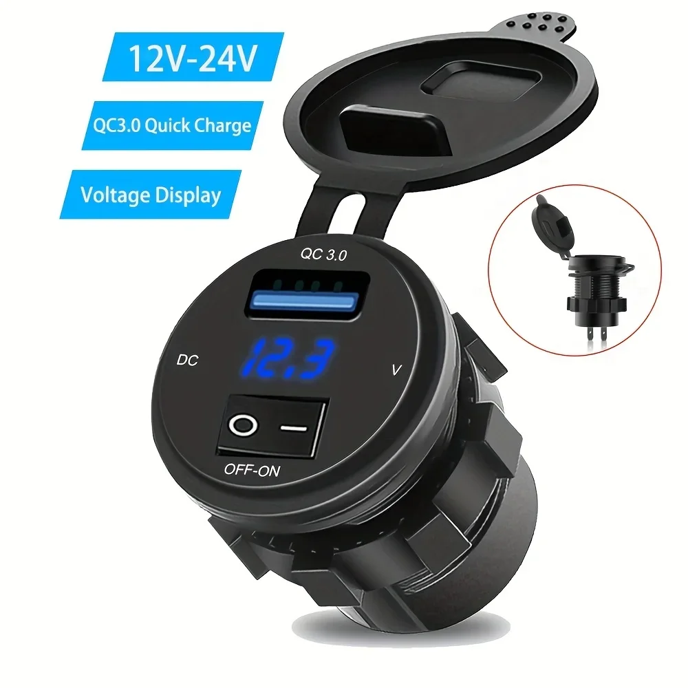 QC3.0 USB carro carregamento soquete com interruptor, Digital Display voltímetro, soquete impermeável, adequado para carros, motos, barcos