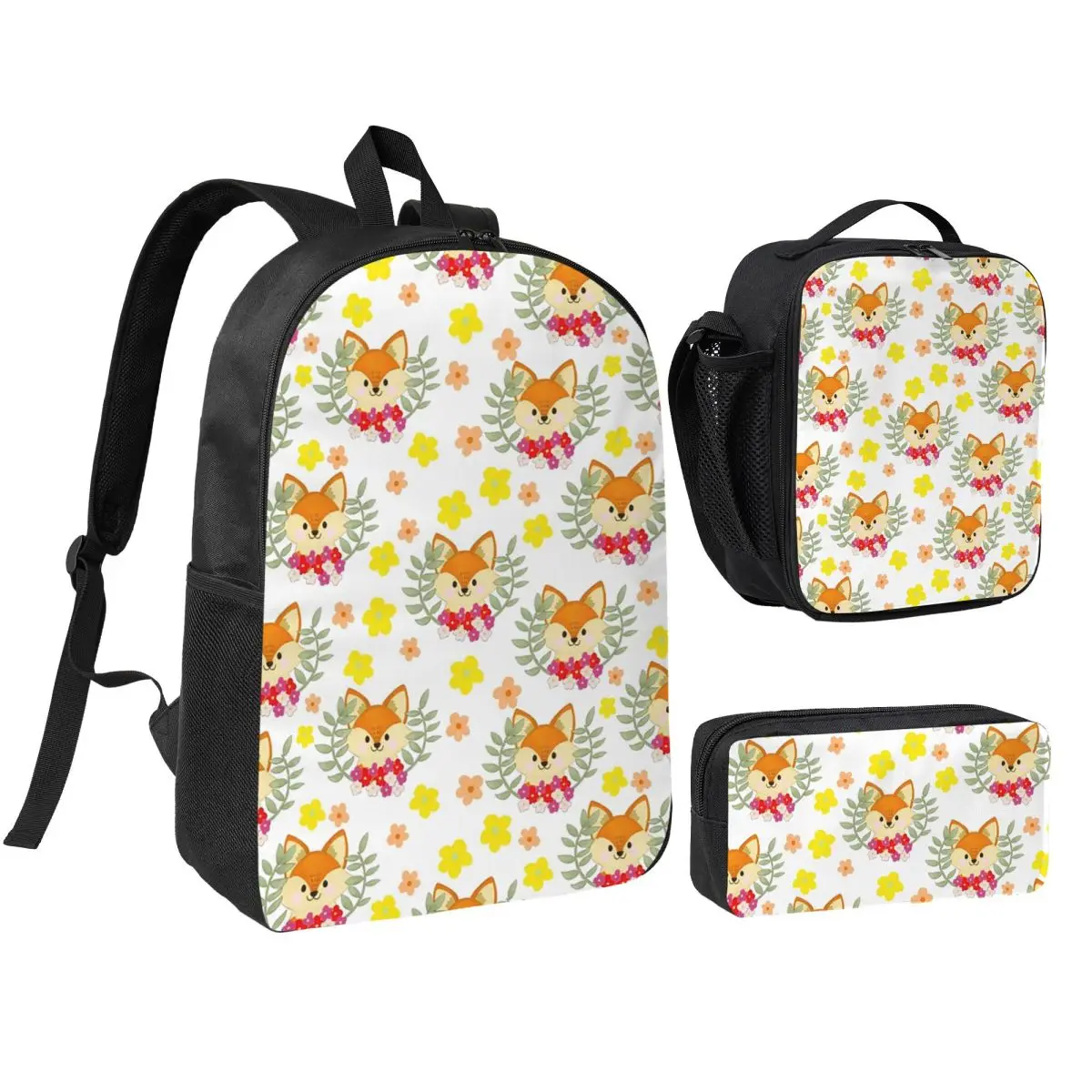 Cute Fox And Flower With Plant Backpack Student BookBag School Bag Shoulder Bags 3ps Insulated Lunch Bag Pencil Case