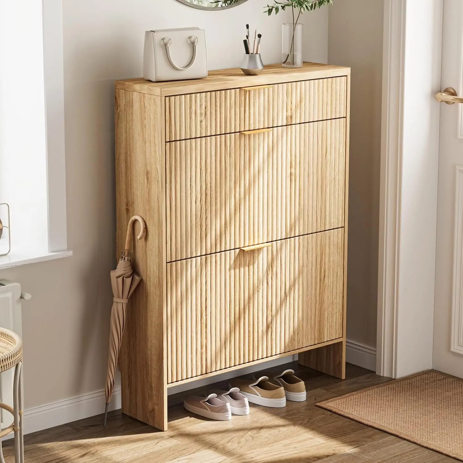 

Slot Shaped Shoe Cabinet Storage Space with 2 Flip Drawers and 1 Drawer