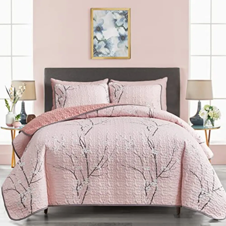 3 Pieces Reversible Quilt Set Queen Full Size 88x88 Soft Microfiber Lightweight Coverlet Bedspread Summer Comforter Set Bed Cov