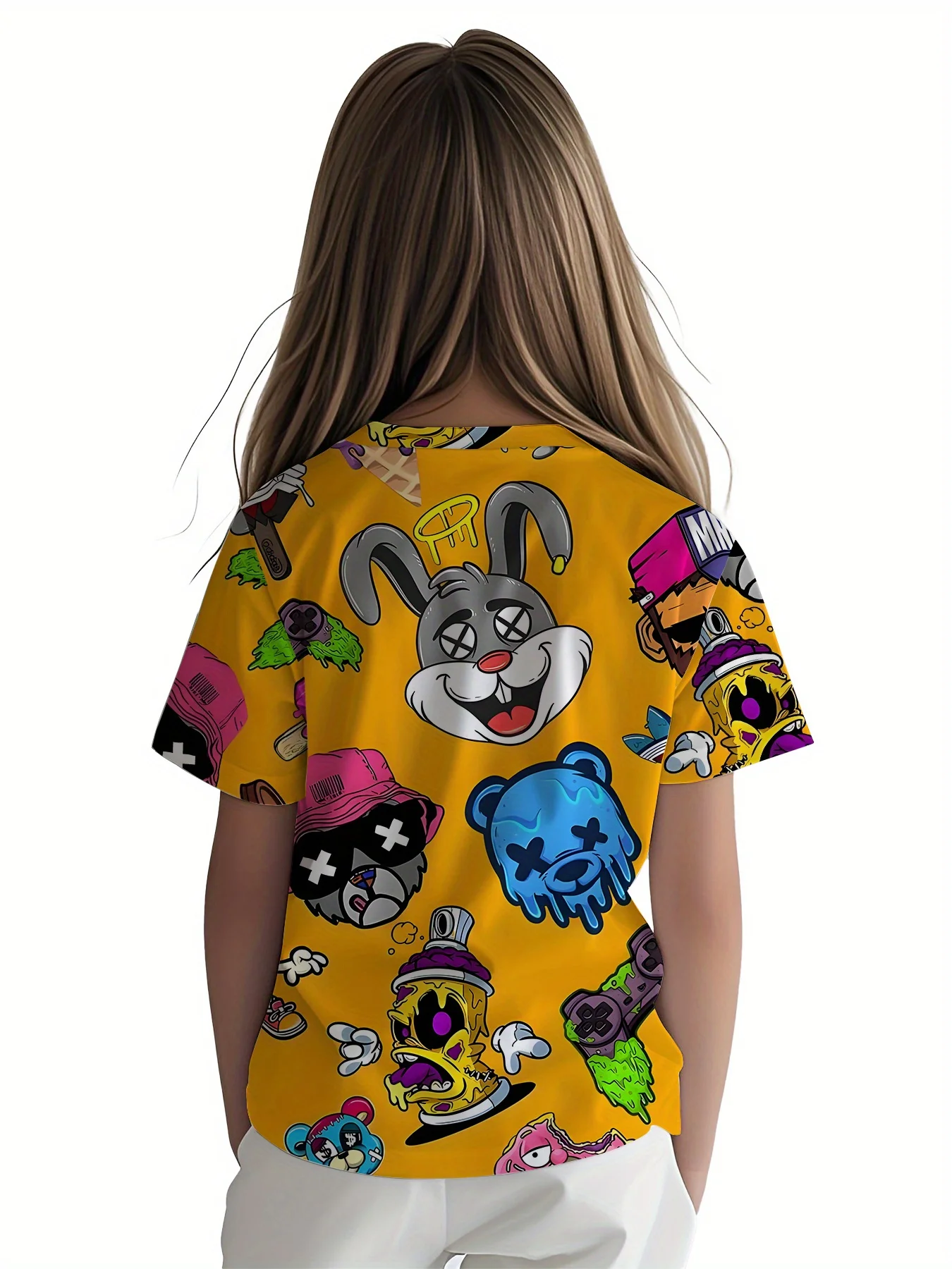 Kids Hip Hop Graphic T-Shirt, Bright Yellow All Over Graffiti Animal Print Girls Casual Short Sleeve Top