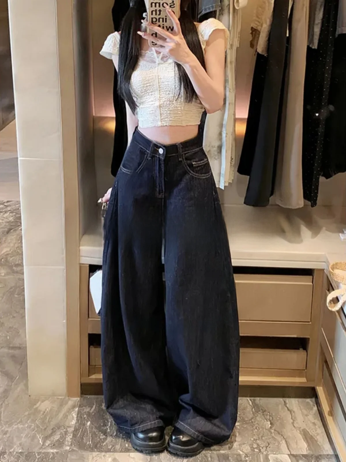 Jeans met hoge taille en wijde pijpen Dames losse rechte lange broek Amerikaanse retro getailleerde diepblauwe denim ort plus size broek