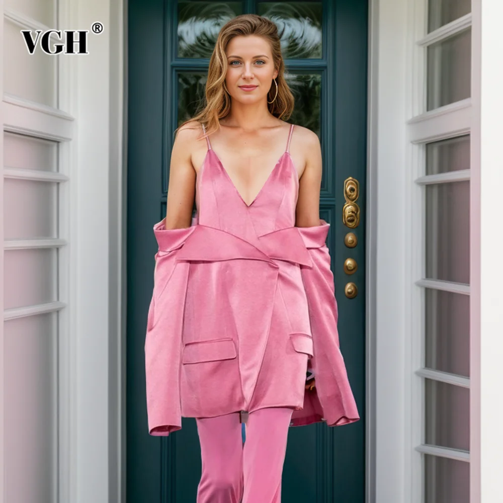 

VGH Sexy Patchwork Button Solid Blazer For Women V Neck Long Sleeve Backless Hollow Out Designer Blazers Female Fashion Style