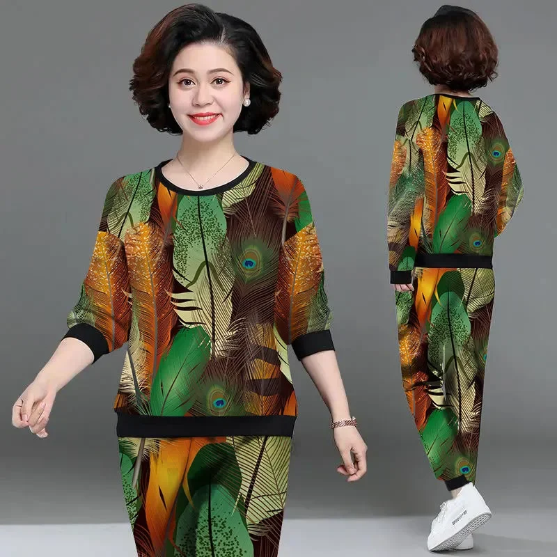 Women Mom Casual Two Piece Set Spring Autumn Peacock Feather Print Loose Plus Size Middle Aged Ladies Outfit