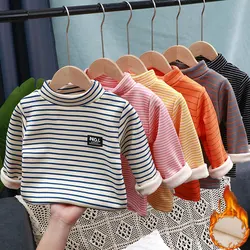 Winter Children Shirts Fleece Warm Tops for Kids Long Sleeve Boys Undershirts Stripe Girl T-shirts Plus Velvet Baby Tees Clothes