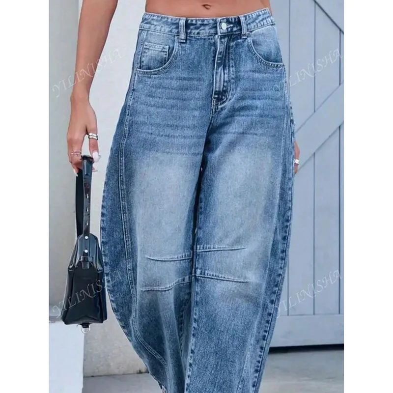`1 Pair Women Denim Jeans, Casual Chic Style, Washed Drape Fabric, Loose Straight Wide‑Leg Long Trousers, For Summer Daily Outdo