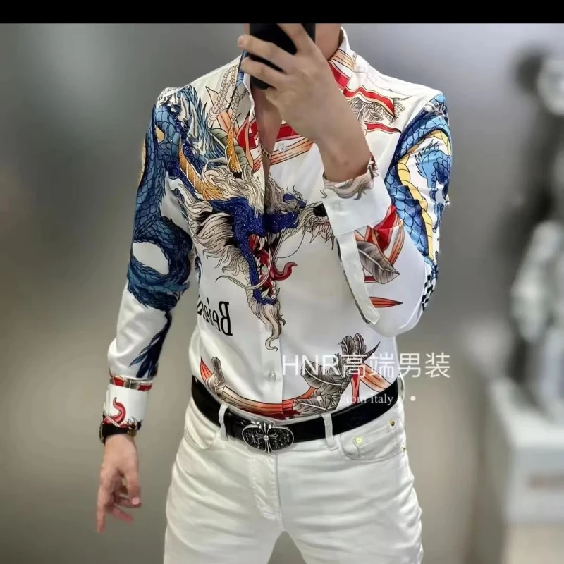 

Spring and Autumn Four Seasons Dragon Pattern Shirt Chinese Style New Ancient Style Men's Long Sleeve Shirt