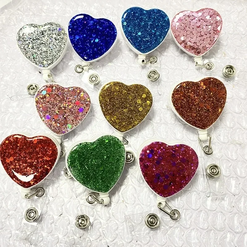 Glitter Heart Retractable Badge Reel Rotating Alligator Clip Badge ID Tag Working Permit Clip Retractable Pass Work Card Clips