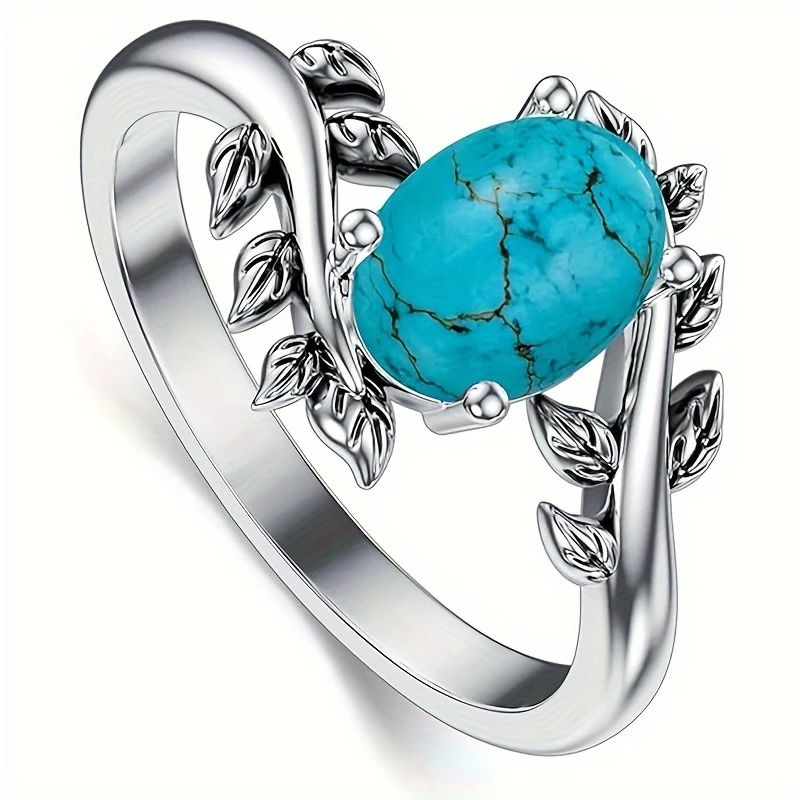 Retro Bohemian Silver Color Imitation Turquoise Branch Ring Fashion Ethnic Style Women\'s Festival Party Jewelry Accessories Gift