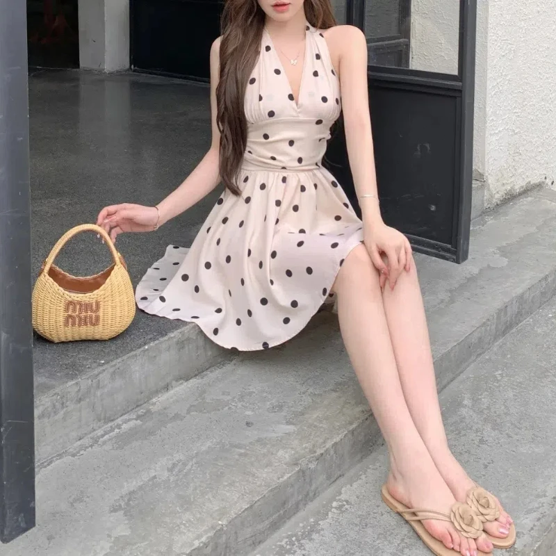 Summer Vintage Office Lady Pullover Sleeveless Women\'s Clothing Halter Bandage Polka Dot Printing Knee Skirts Sweet Dresses