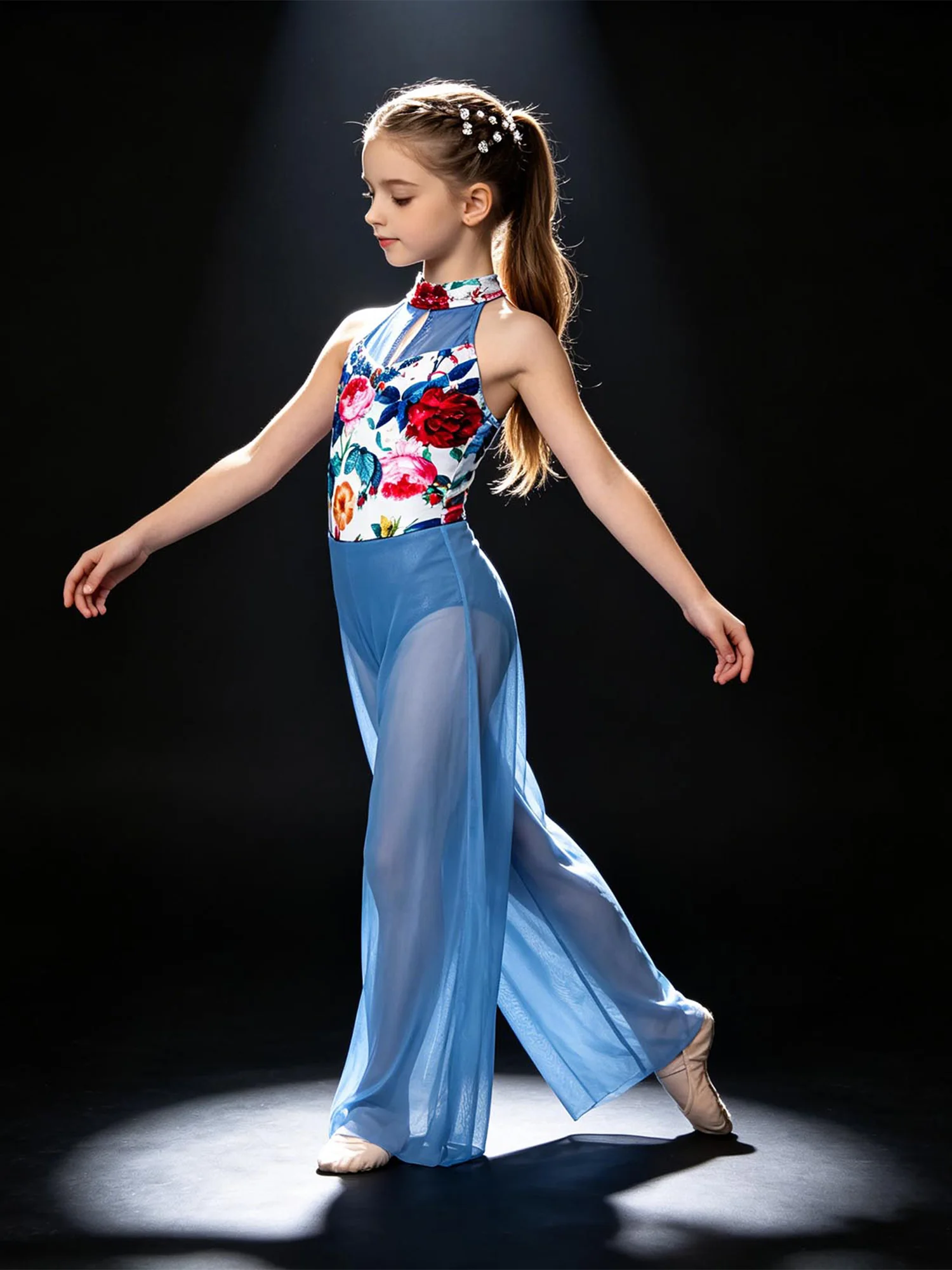 

Kids Girls Lyrical Dance Rhinestones Jumpsuit with Built in Briefs Stretchy Breathable for Modern Contemporary Stage Performance