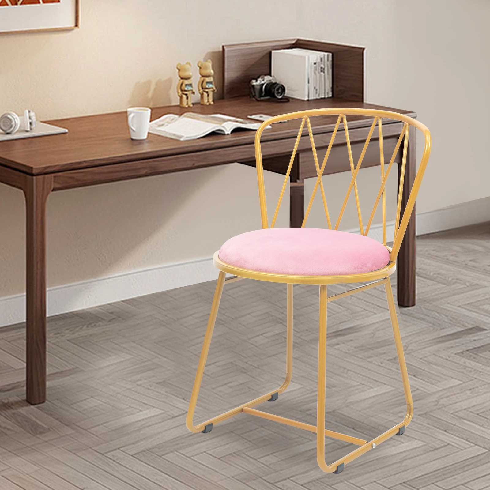 

Роскошный туалетный столик для макияжа со спинкой, стул с мягкой подушкой для гардеробной, современный розовый и золотой стул с акцентом, вместимость 100 кг