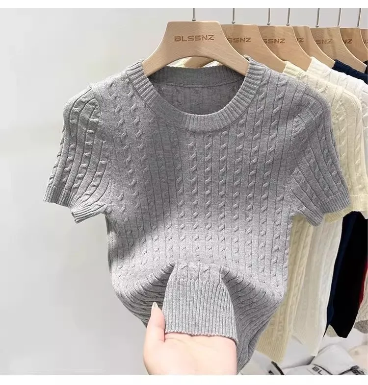 Zjaiss 2026 Summer Korean Retro Elegant Texture Short Sleeve O-Neck Twist Knit Top Women Soft Casual Versatile Thin T-shirt