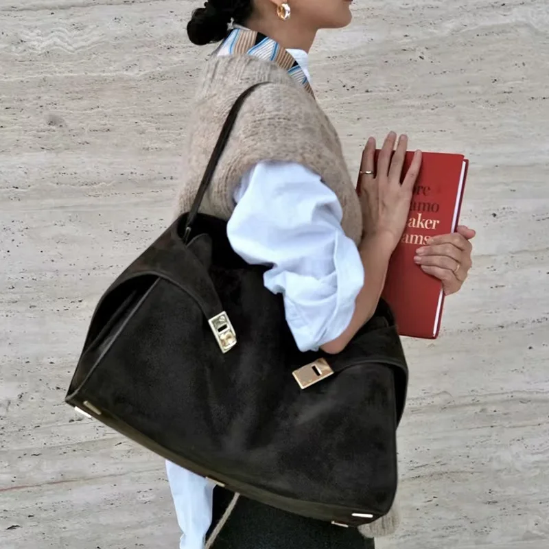 

Fashion Autumn Winter Big Tote Soft Matte Suede Cow Leather Women's Handbag Shoulder Crossbody Bag For Women Grey Brown Green
